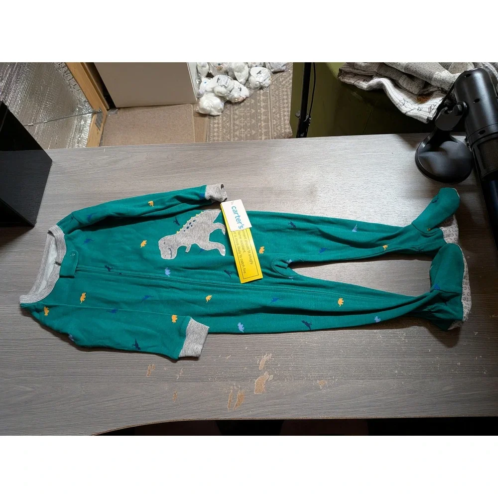 Carters Kids 18M Teal‎ Green Dinosaur T-Rex Snug Fit Cotton Footed Pajamas NWT